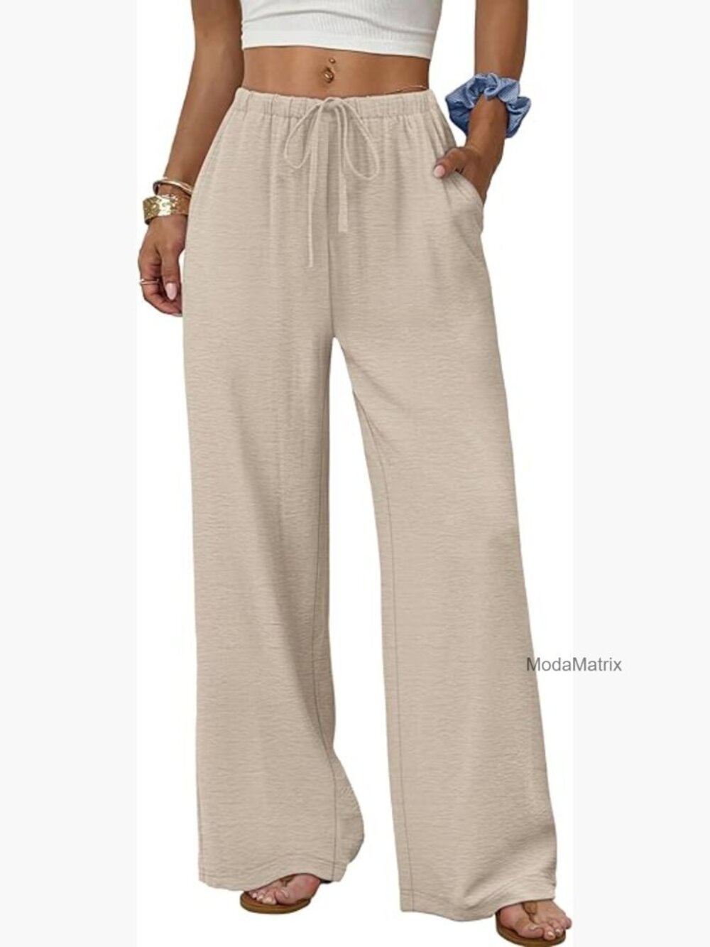 Wide Leg Palazzo Pants Drawstring Elastic Waist with Pockets Flowy Summer - Picture 1 of 7